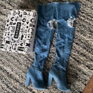 Jean thigh high heels
